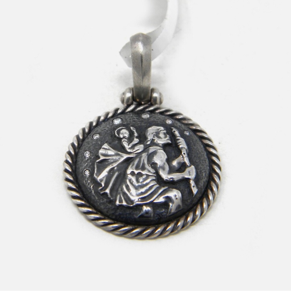 David Yurman Sterling Silver Diamond St. Christopher Charm Enhancer Pendant NWT